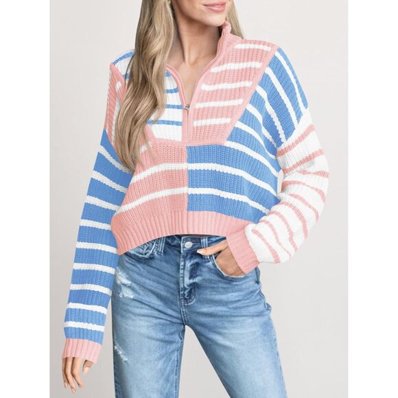 Women’s Pink  Saodi mallsu Striped Cropped Zip Up Sweater, Color Block - Picture 2 of 6